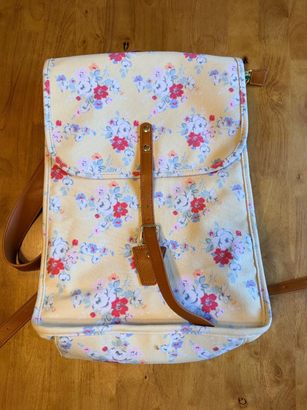 Floral Canvas Backpack Brown Faux Leather Trim Yellow Blue Red Rose Print Bag